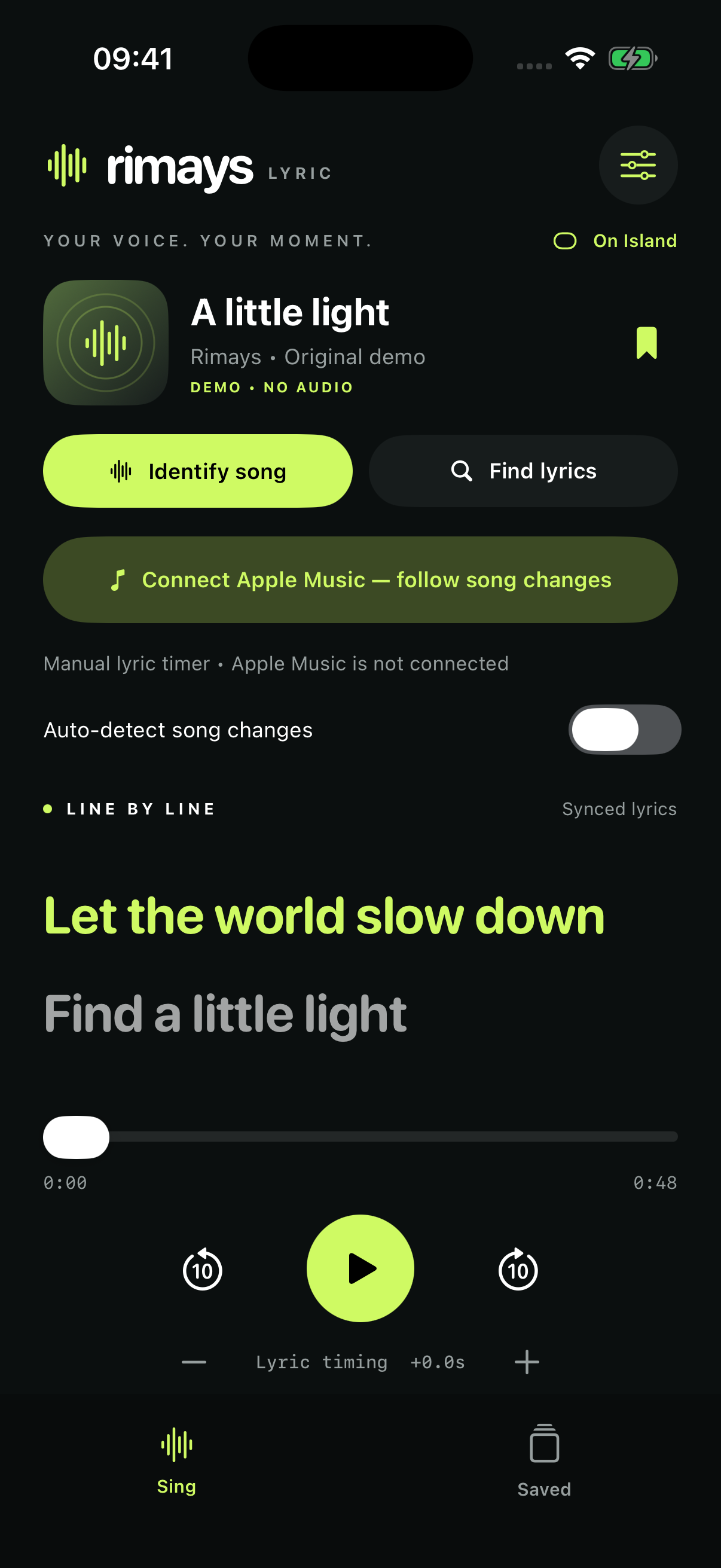 Compact iPhone layout with the highlighted original demo lyric and play controls